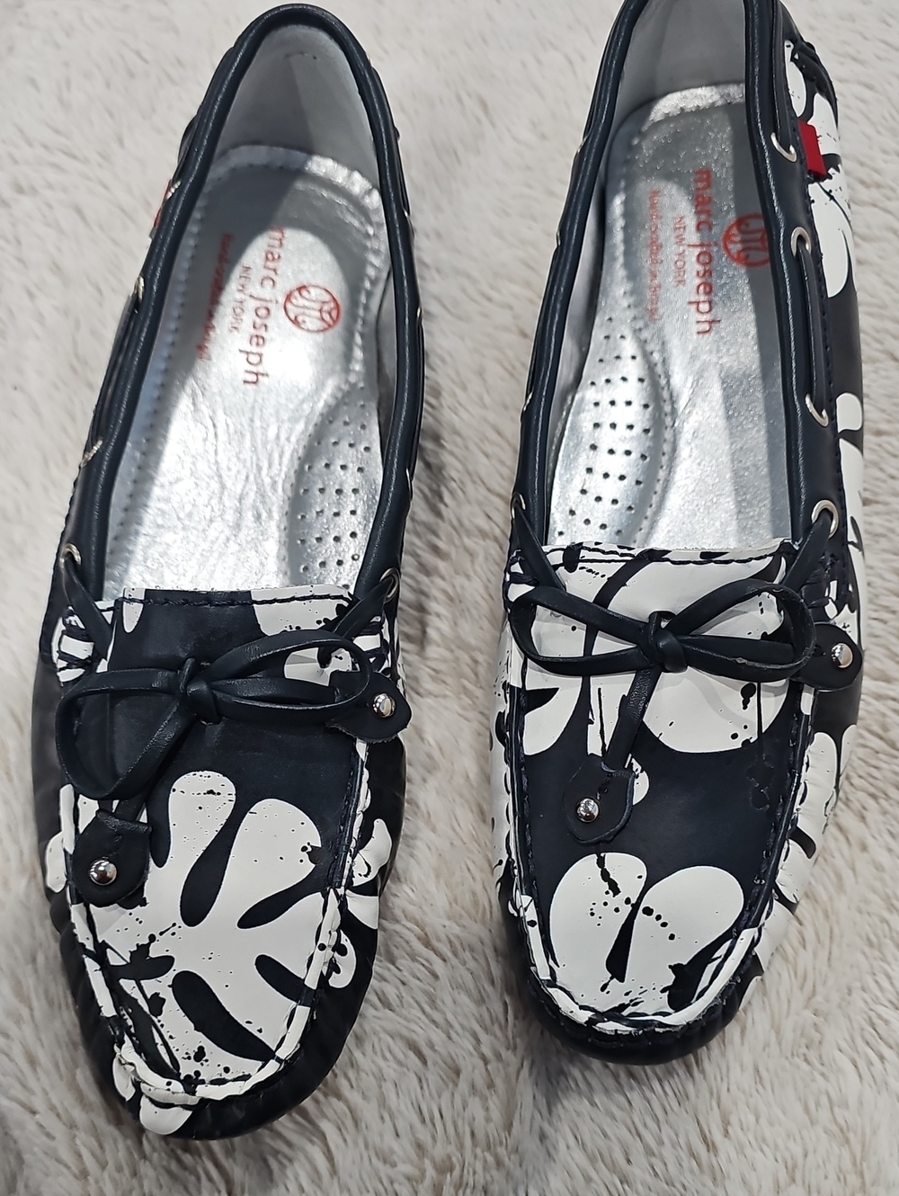 Marc Joseph Black & White Floral Tie-Top Moccasin Loafers